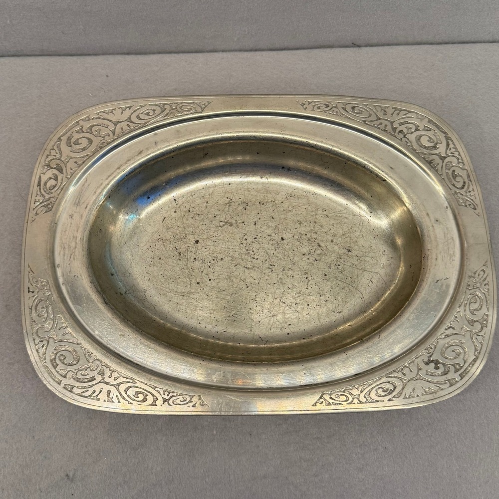 Mulholland Pewter Oval Dish 1907 K Scrollwork Border Vintage Metalware Tray